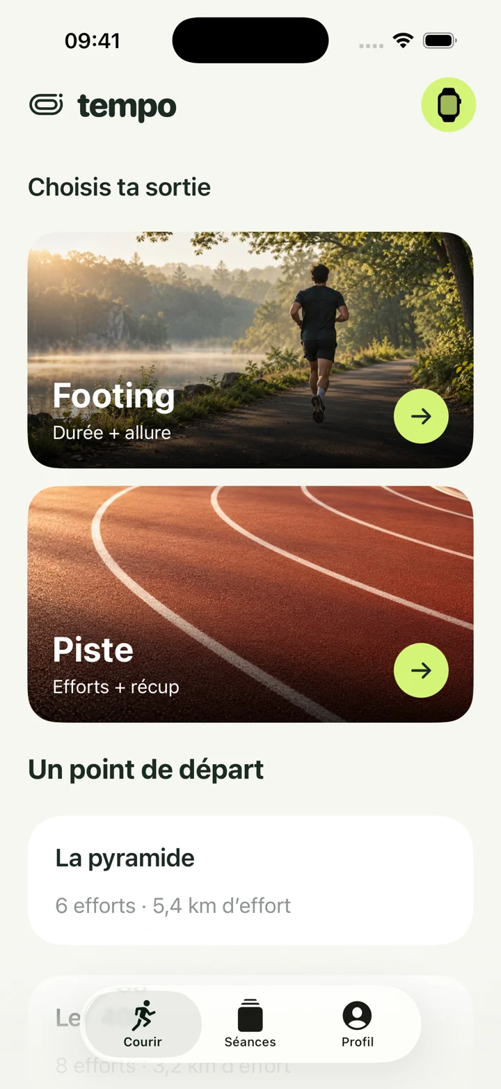 Accueil de Tempo : choisir un footing, une séance de piste ou un entraînement enregistré